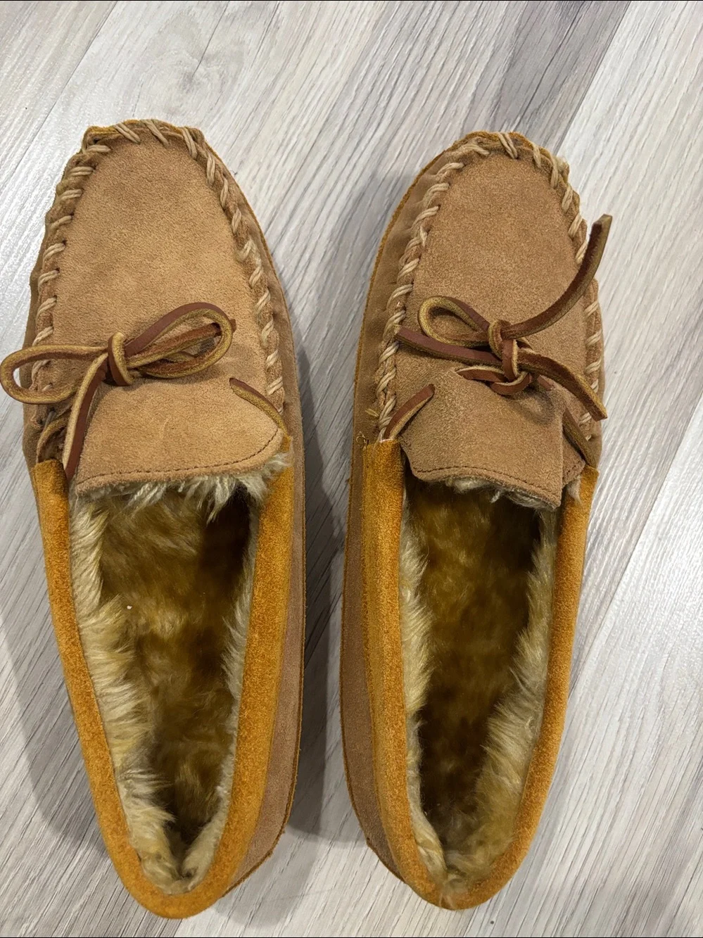 L.L. Brown Suede Moccasin Slippers with Fur Lining Kids Size 6